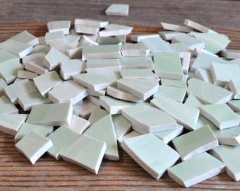 Set 150 Soft Green Broken China Mosaic Tiles, Recycled Plate Accents, Mixed Media Supply