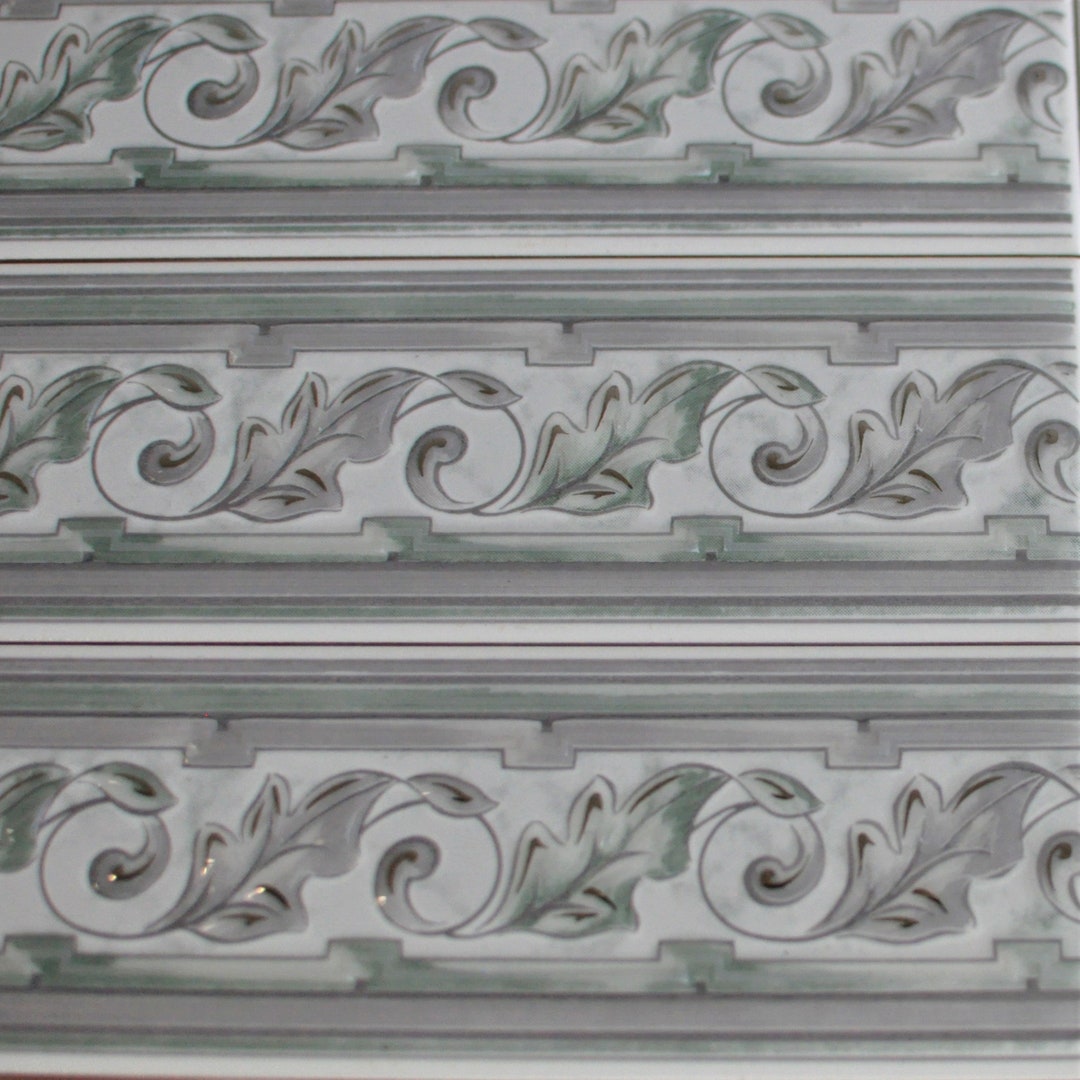 Vintage Ceramic Border Tiles, Light Green Leaf Vine, Silver Scrolls Trim, Accent, Backsplash