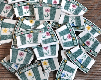 25 Broken Plate Mosaic Tiles, Green, Pink, Yellow, Blue Flowers, Recycled Materials, Mosaic Art Supply Materials, Mixed Media Assemblage