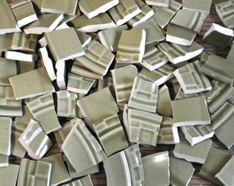 100 Broken Plate Mosaic Tiles, Green Checkers Recycled Materials for Art, Supply, Mixed Media Assemblage, Geometric, Solid Color