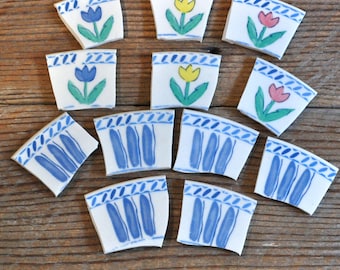12 Broken China Mosaic Tiles, Tulip, Recycled Plates, Spring Colors, Accent Mosaic Art Supply, Assemblage