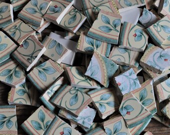 100 Mosaic Tiles Supply, Broken Plate Art Tile, Scrolls, Soft Yellow, Green, Mixed Media Art Supply, Garden Background, Filler, Tiles