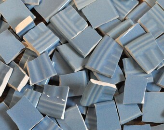 100 Broken Plate Mosaic Tiles, Solid Soft Blue with Ridges, Recycled Materials, Mosaic Art Supply Materials, Mixed Media Assemblage