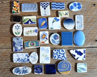 Broken China Mosaic Tiles, Shades of Blue, Assortment, Cabochon Collection, Mixed Media, Assemblage Jewelry Art Supply, Accent Focal Tiles