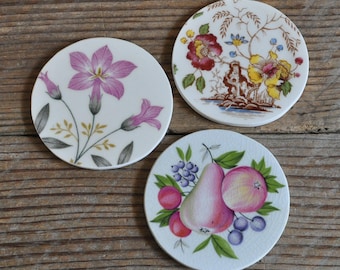 Set of 3 Broken China Focal Mosaic Tiles, Recycled Plates, Floral, Fruit, Accent Mosaic Art Supply, Assemblage, Round Tile