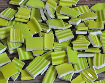 100 Broken Plate Mosaic Tiles, Bright Green, Ridges, Recycled Materials, Mosaic Art Supply Materials, Mixed Media Assemblage, Solid Color