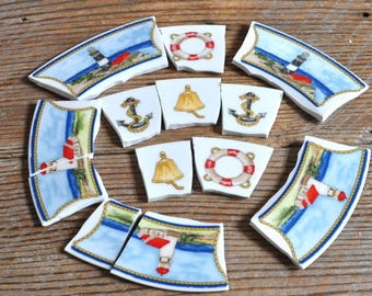 Vintage China Mosaic Tiles, Nautical Art Supply, Broken Plate Pieces
