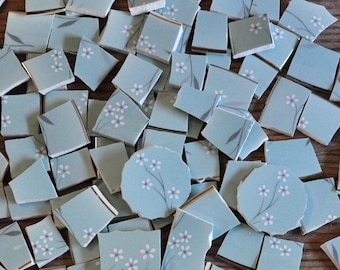 100 Broken China Mosaic Tiles, Floral, Recycled Plates, Turquoise and White, Accent Mosaic Art Supply, Assemblage