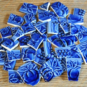 May include: A collection of broken ceramic tile pieces featuring a cobalt blue and white embossed fruit and leaf pattern. The shards vary in shape and size, displaying detailed relief designs of grapes, berries, and foliage on a glossy surface.