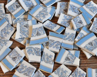 50 Vintage China Mosaic Tiles, Light Blue Scrolls, Gold Trim