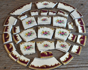 35 Mosaic Tiles Supply, Broken Plate Art Tile, Assortment, Burgundy Red Roses, Mixed Media Art Supply, Background, Accent Tiles