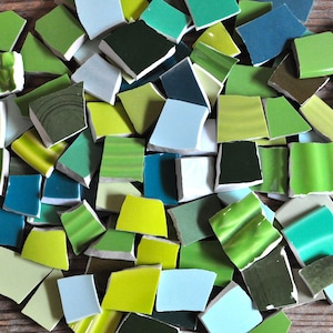 May include: A collection of irregularly shaped ceramic tiles in various shades of green, blue, and white. The tiles are scattered, showcasing a range of textures and colors, from light pastel hues to deep, rich tones. Ideal for mosaic art projects.