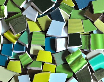 100 Broken Plate Mosaic Tiles, Solid Shades of Green, Ceramic Pieces for Mosaic Art, Assemblage, Jewelry Mixed Media Art Supply, Assortment