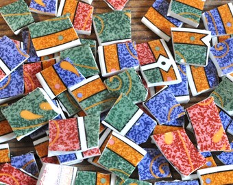 70 Mosaic Tiles Supply, Broken Plate Art Tile, Colorful, Blue, Green, Swirls, Stripes, Mixed Media Art Supply, Background, Accent Tiles