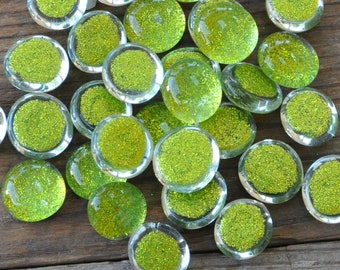 30 Glass Light Green Glittered Gems, Hand Painted Sparkly Nuggets for Flower Arrangements, Holiday Home Decor, Mosaic Art