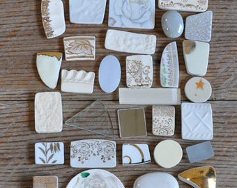Broken China Mosaic Tiles, Shades of Beige, Assortment, Cabochon Collection, Mixed Media, Assemblage Jewelry Art Supply, Accent Focal Tiles