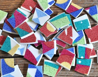 Set of 40 Broken China Mosaic Tiles, Colorful Geometric Accent Art Supply