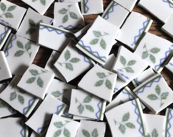 85 Broken China Mosaic Tiles, Botanical, Recycled Plates, Leaves, Green and Blue, Accent Mosaic Art Supply, Assemblage