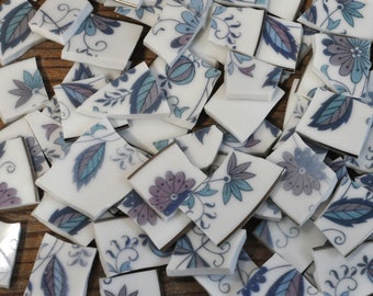 100 Mosaic Tiles Supply, Broken Plate Art Tile, Floral Scrolls, Blue Purple Silver, Mixed Media Art Supply, Garden Background, Filler, Tiles