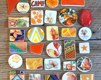 Broken China Mosaic Tiles, Shades of Orange, Assortment, Cabochon Collection, Mixed Media, Assemblage Jewelry Art Supply, Accent Focal Tiles