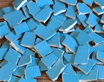 100 Sky Blue Mosaic Tiles, Vintage China, Mixed Media Art