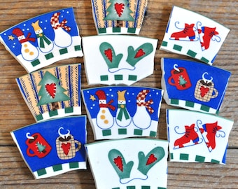 Set of 10 Broken China Christmas Mosaic Tiles, Recycled Plates, Snowman, Ice Skates, Tree