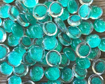 30 Glass Turquoise Glittered Gems, Hand Painted Sparkly Nuggets for Flower Arrangements, Holiday Home Decor, Mosaic Art