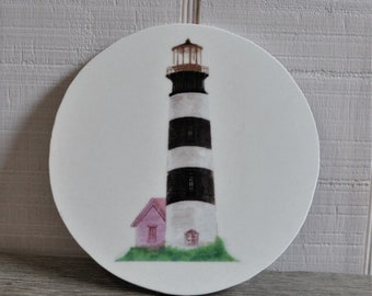 Broken China Mosaic Round Focal Tile, Lighthouse, Nautical, Ocean Theme, Recycled Plates, Mixed Media Art Supply, DIY Project Assemblage,