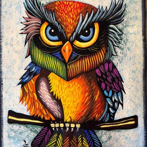 May include: A vibrant, colorful owl painting. The owl is perched on a branch, with a detailed depiction of feathers in shades of orange, yellow, blue, green, and purple. The owl's eyes are blue, and the background is a light blue.