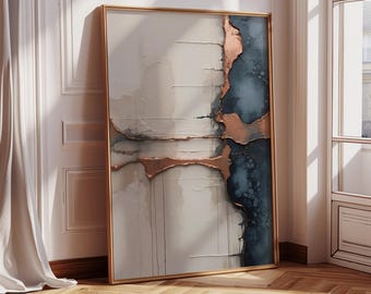 Modern Abstract Wall Art Beige Navy and Copper Metallic Texture Painting Office Luxury Elegant Painting Statement Piece Living Room Print