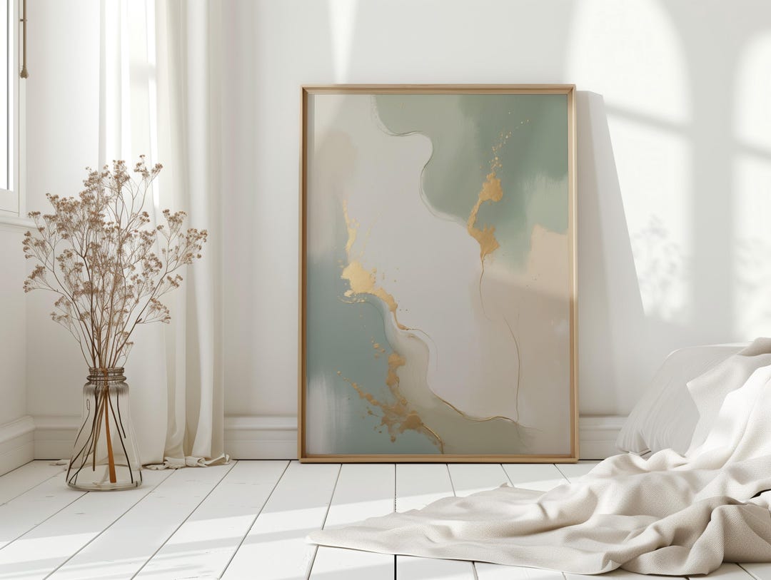 Sage Green Gold Abstract Art - Luxury Fluid Painting With Metallic ...
