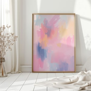 Art mural abstrait pastel doux, peinture moderne rose, bleu et pêche dopamine, toile rêveuse inspirée de l&#39;aquarelle, décoration d&#39;intérieur féminine