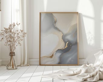 Elegant Gold Abstract Wall Art - Gray Cream Marble Effect Canvas - Neutral Modern Luxury Painting - Gold Foil Textured Artwork - Minimalist