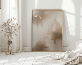 Neutral Gold Leaf Abstract Art - Taupe and Cream Luxury Painting, Metallic Gold Splash Wall Decor, Minimalist Elegant Home Art Print