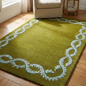 Hand Tufted Green Rug with Leaf Border Design Modern Wool Area Rug Custom Handmade Living Room Bedroom Accent Contemporary Rug