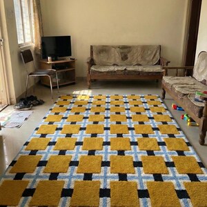 Handmade Geometric Ochre Sky Wool Rug – Hand-Tufted Modern Area Carpet with Square Pattern Bold Graphic Floor Decor for Living Room Rug