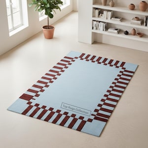Hand Tufted Wool Rug Modern Geometric Red and Blue Border Design Handmade Area Rug for Living Room Bedroom Contemporary Decor