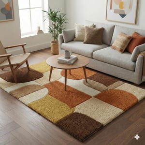 Mid Century Modern Rug Hand Tufted Wool Retro Geometric Shapes Carpet Earthy Tones Orange Cream Funky Home Decor