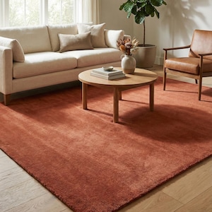 Solid Brick red Wool Rug Minimalist Hand Tufted Plain Carpet – Neutral Modern Area Rug for Living Room