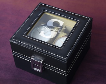 Personalisierte Uhrenbox: Uhrenbox mit Gravur aus PU-Leder mit 2 Fächern