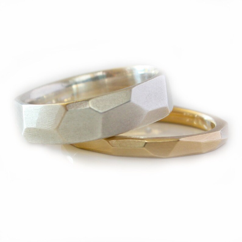 Facet Wedding Ring Set Faceted Rings Gold image 1