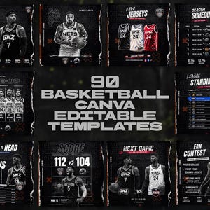 Puede incluir: Un conjunto de 90 plantillas editables de Canva para baloncesto. Las plantillas presentan gráficos de día de partido, calendarios de temporada, clasificaciones de liga y estadísticas de jugadores. La combinación de colores es principalmente blanco y negro con toques de rojo.