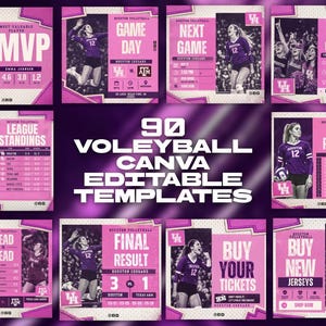 Puede incluir: Un conjunto de 90 plantillas editables de Canva para voleibol en tonos rosa y morado. Las plantillas incluyen anuncios de días de juego, estadísticas de jugadores, clasificaciones de la liga y gráficos promocionales. El texto incluye "Houston Volleyball" y "Comprar entradas".