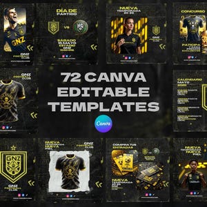 Puede incluir: 72 plantillas de Canva editables para un club de fútbol. Las plantillas presentan un esquema de color negro y dorado con un logotipo de calavera y huesos cruzados. El texto "GNZ Football Club" aparece en varias de las plantillas.