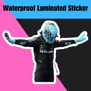 George Russell kultiger Pose Aufkleber für Mercedes F1 Fahrer Cartoon Vinyl Aufkleber – Lustiger & einzigartiger wasserdichter Glanzaufkleber in 3 Größen