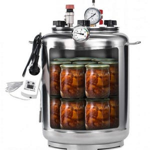 May include: A stainless steel pressure canner with a transparent front panel revealing two stacked rows of glass jars filled with food. The lid features a pressure gauge, a thermometer, and a valve. A white digital temperature controller is attached.