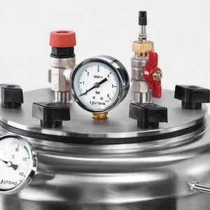 May include: A stainless steel pressure vessel featuring a top lid secured with four black knobs. The lid includes a pressure gauge labelled bar, a red-handled valve, and a red-capped fitting. A temperature gauge is mounted on the side of the vessel.
