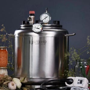 May include: A stainless steel autoclave pressure canner with the brand name UTEHO printed on the front. The device features a top-mounted pressure gauge and a thermometer, with a black power cord and a digital controller unit positioned in front.