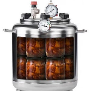 May include: A stainless steel pressure canner with a transparent front section revealing two rows of glass jars filled with preserved food. The lid features a pressure gauge, a thermometer, a red safety valve, and several black locking knobs.