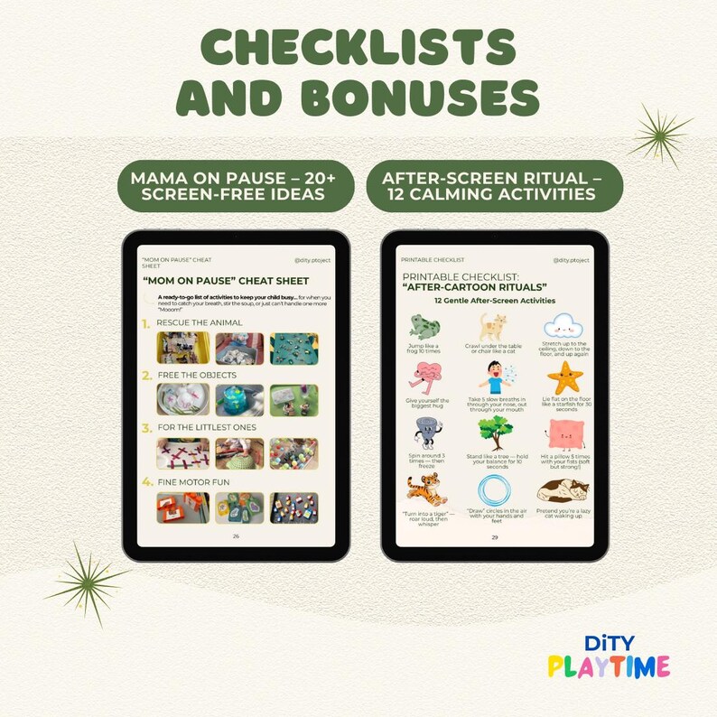May include: Two digital tablets display checklists for children. One tablet shows a "Mom on Pause" cheat sheet with screen-free ideas. The other tablet shows "After-Cartoon Rituals" with calming activities. The background is light green.